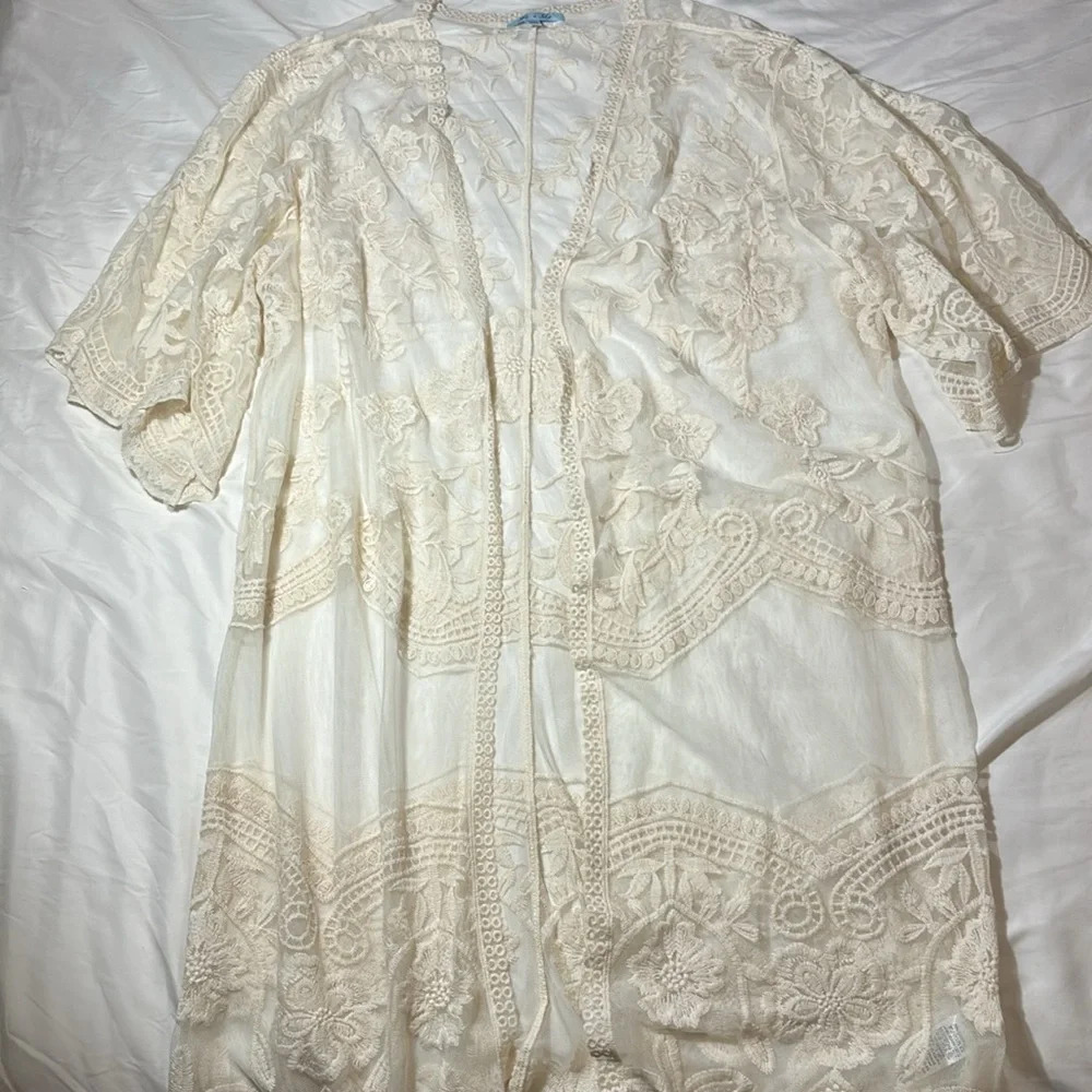 She + Sky Lace Midi Long Kimono Cardigan - Cream - Picture 3 of 8